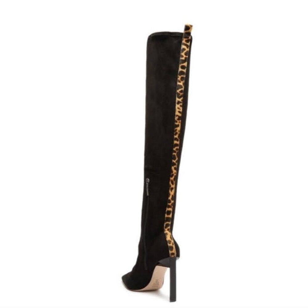 SCHUTZ Benine Up Black Leather Leopard Trim Over the Knee Stiletto Boots Size8,5